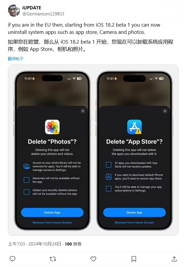 凌河苹果手机维修分享iOS 18.2 支持删除 App Store 应用商店 