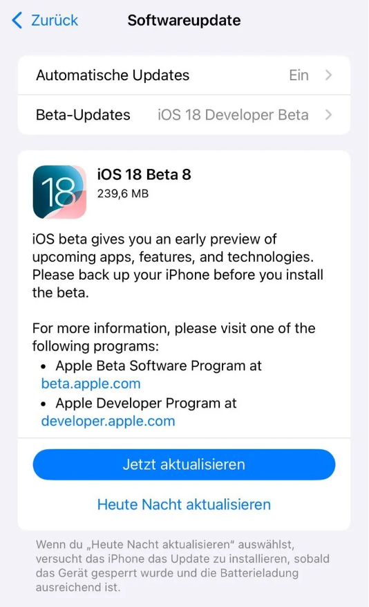 凌河苹果手机维修分享苹果 iOS / iPadOS 18 开发者预览版 Beta 8 发布 